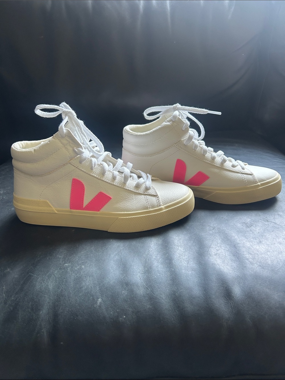 Veja High-Top Sneakers in White with Pink V Logo Never Worn